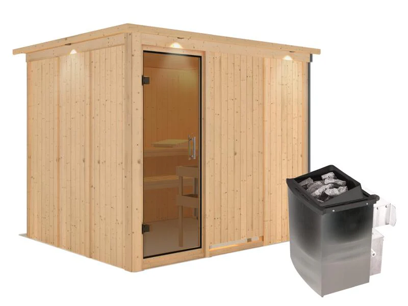 Karibu Sauna Gobin inkl. 9-kW-Ofen mit interner Steuerung, mit Dachkranz, mit moderner Saunatür - Image 2
