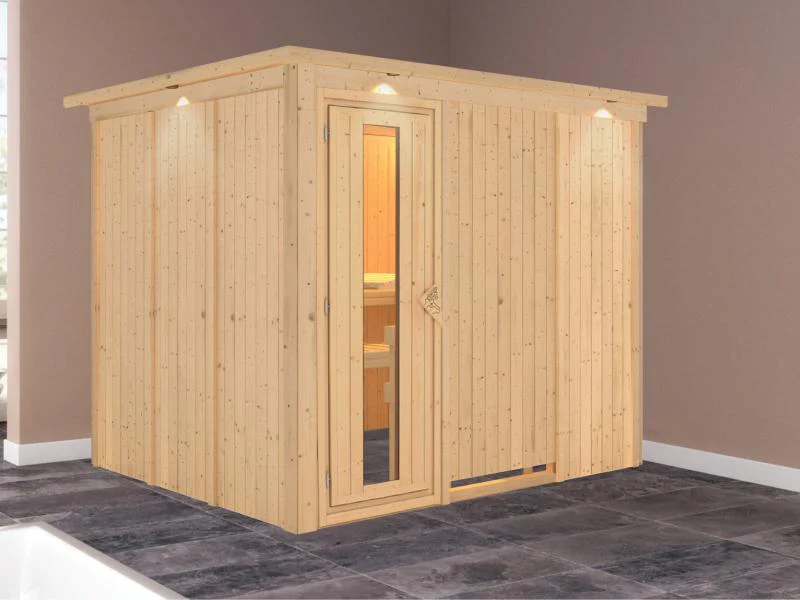 Karibu Sauna Gobin ohne Ofen, mit Dachkranz, mit energiesparender Saunatür - Image 2