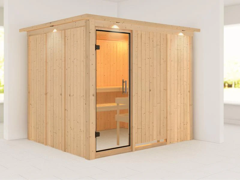 Karibu Sauna Gobin ohne Ofen, mit Dachkranz, mit Klarglas Ganzglastür