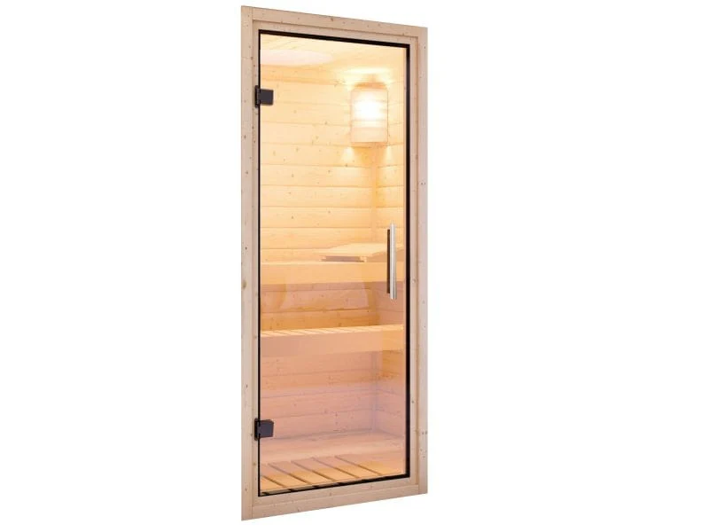 Karibu Sauna Gobin ohne Ofen, mit Dachkranz, mit Klarglas Ganzglastür - Image 4