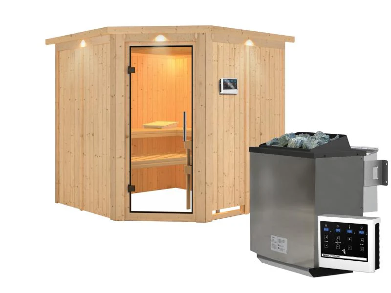 Karibu Sauna Jarin inkl. 9 kW Bio Ofen mit ext. Steuerung, mit Dachkranz, mit Ganzglas Klarglastür - Image 2