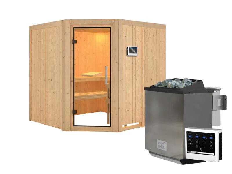 Karibu Sauna Jarin inkl. 9 kW Bio Ofen mit ext. Steuerung, ohne Dachkranz, mit Ganzglas Klarglastür - Image 2