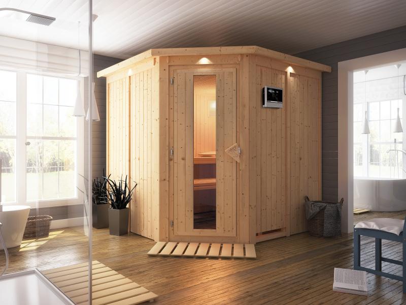 Karibu Sauna Jarin inkl. 9-kW-Bioofen mit externer Steuerung, mit Dachkranz, mit energiesparender Sa - Image 4