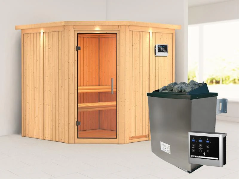 Karibu Sauna Jarin inkl. 9 kW Ofen mit ext. Steuerung, mit Dachkranz, mit Ganzglas Klarglastür
