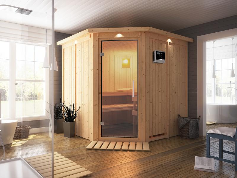 Karibu Sauna Jarin inkl. 9 kW Ofen mit ext. Steuerung, mit Dachkranz, mit Ganzglas Klarglastür - Image 4