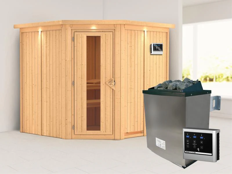 Karibu Sauna Jarin inkl. 9-kW-Ofen mit externer Steuerung, mit Dachkranz, mit energiesparender Sauna