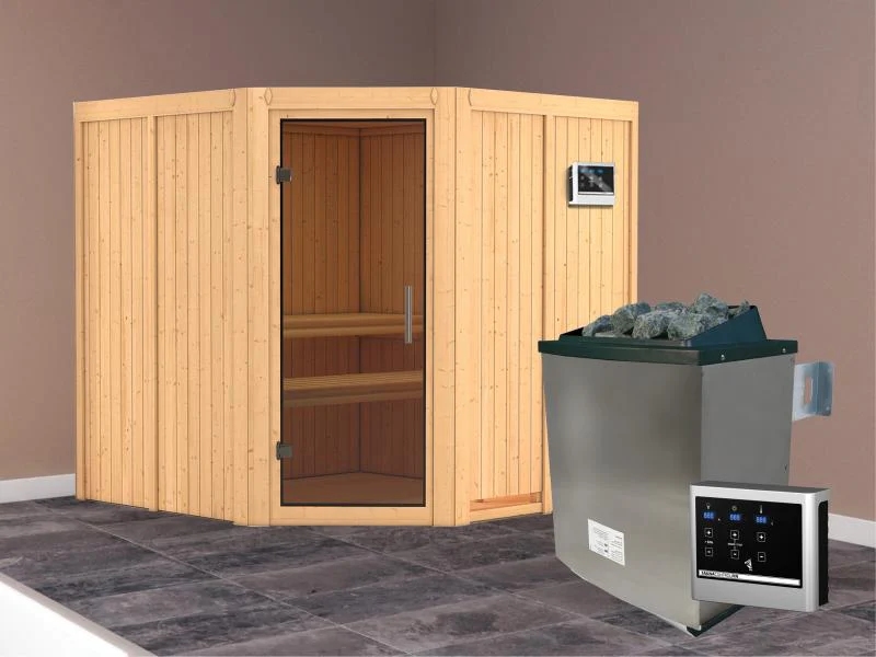 Karibu Sauna Jarin inkl. 9-kW-Ofen mit externer Steuerung, ohne Dachkranz, mit moderner Saunatür - Image 2