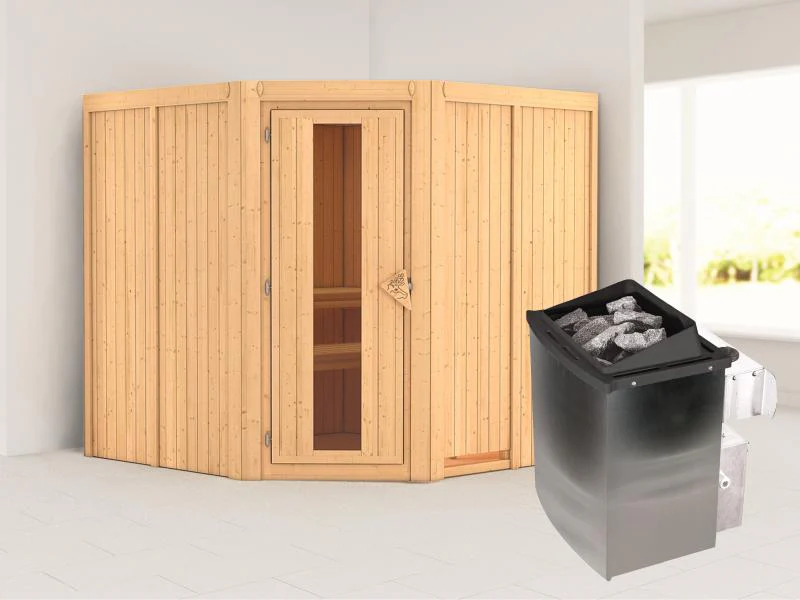 Karibu Sauna Jarin inkl. 9-kW-Ofen mit interner Steuerung, ohne Dachkranz, mit energiesparender Saun