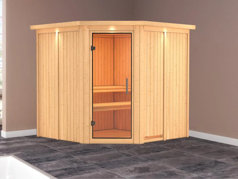 Karibu Sauna Jarin ohne Ofen, mit Dachkranz, mit Ganzglas Klarglastür - Image 2