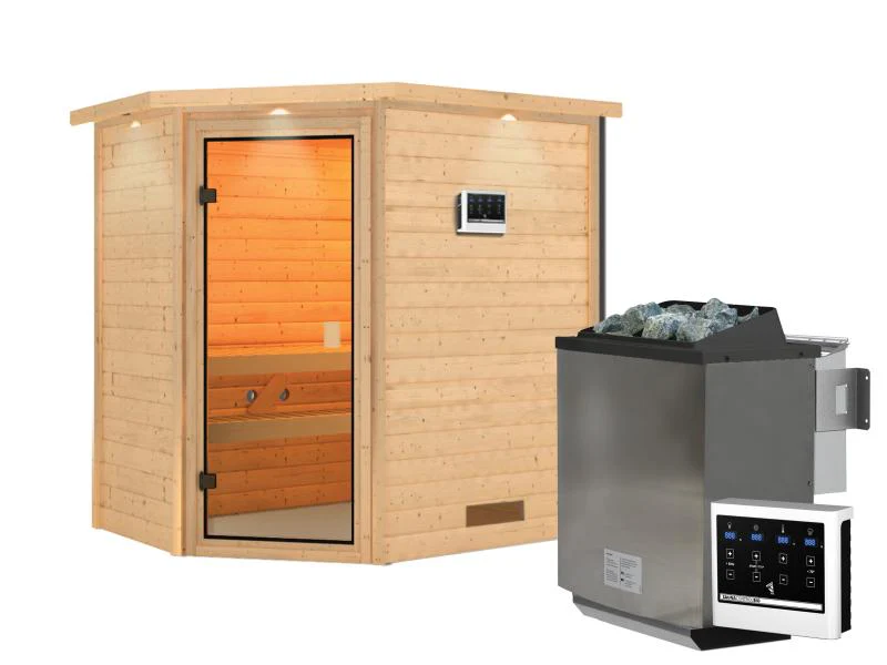 Karibu Sauna Jella inkl. 9 kW Bioofen ext. Steuerung mit klassischer Saunatür -mit Dachkranz- - Image 2