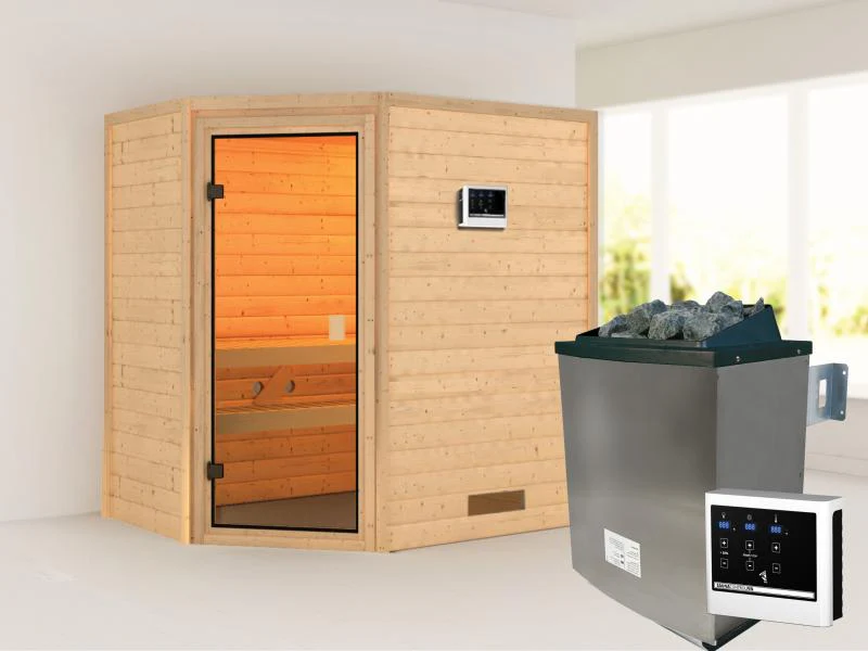 Karibu Sauna Jella inkl. 9 kW Ofen ext. Steuerung, mit klassischer Saunatür -ohne Dachkranz- - Image 2
