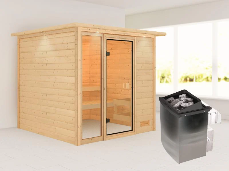 Karibu Sauna Jutta mit 9 kW Ofen integr. Strg und Dachkranz 38 mm