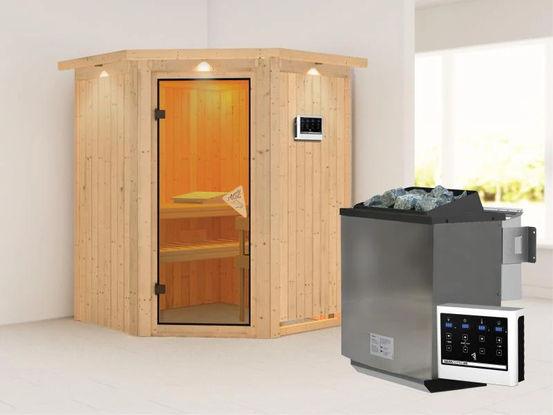 Karibu Sauna Larin inkl. 9 kW Bioofen externe Steuerung mit bronzierter Ganzglastür - mit Dachkranz - Image 2