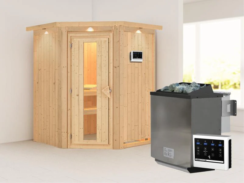 Karibu Sauna Larin inkl. 9 kW Bioofen mit externer Steuerung, mit Dachkranz, mit energiesparender Sa - Image 2