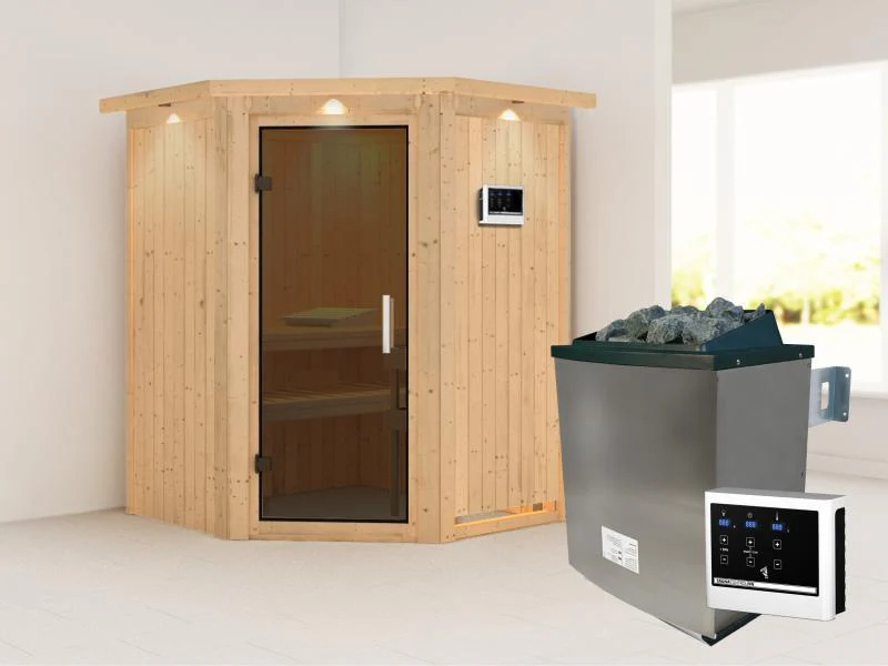 Karibu Sauna Larin inkl. 9 kW Ofen externe Steuerung, mit moderner Saunatür - mit Dachkranz - - Image 2