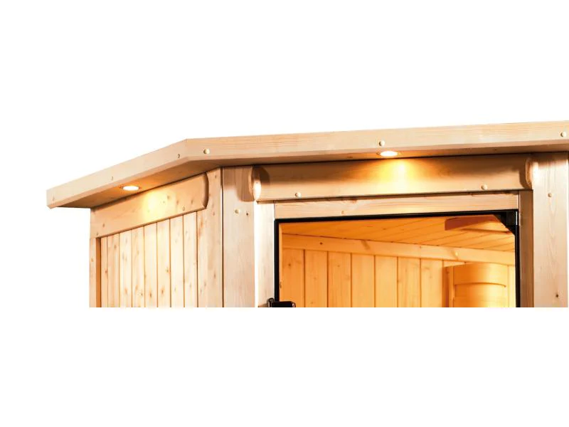 Karibu Sauna Larin inkl. 9 kW Ofen integrierte Steuerung, mit bronzerter Ganzglastür - mit Dachkranz - Image 8