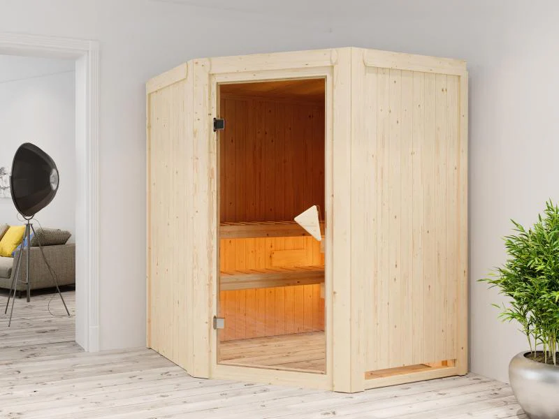 Karibu Sauna Larin inkl. 9 kW Ofen integrierte Steuerung, mit bronzierter Ganzglastür - ohne Dachkranz