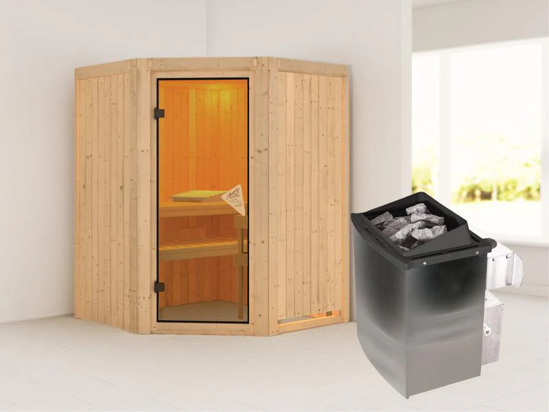Karibu Sauna Larin inkl. 9 kW Ofen integrierte Steuerung, mit bronzierter Ganzglastür - ohne Dachkranz - Image 2