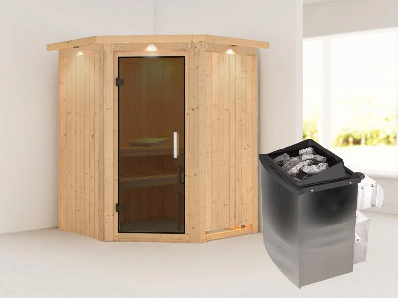Karibu Sauna Larin inkl. 9 kW Ofen integrierte Steuerung,mit moderner Saunatür - mit Dachkranz - - Image 2