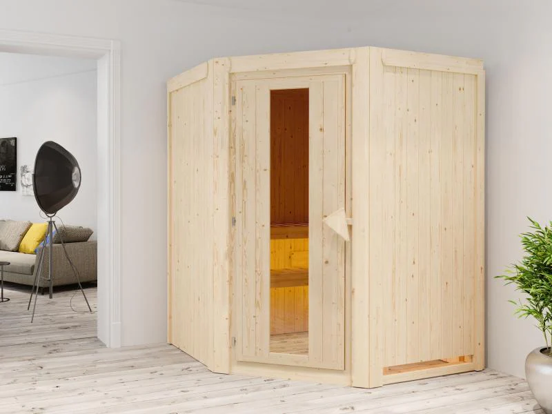 Karibu Sauna Larin inkl. 9 kW Ofen mit externer Steuerung, ohne Dachkranz, mit energiesparender Saun