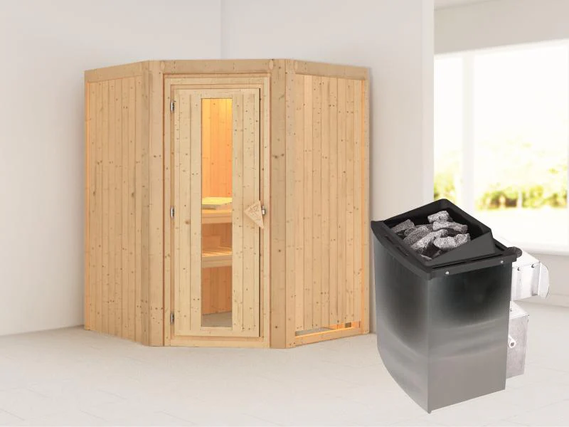Karibu Sauna Larin inkl. 9 kW Ofen mit integr. Steuerung, ohne Dachkranz, mit energiesparender Sauna - Image 2