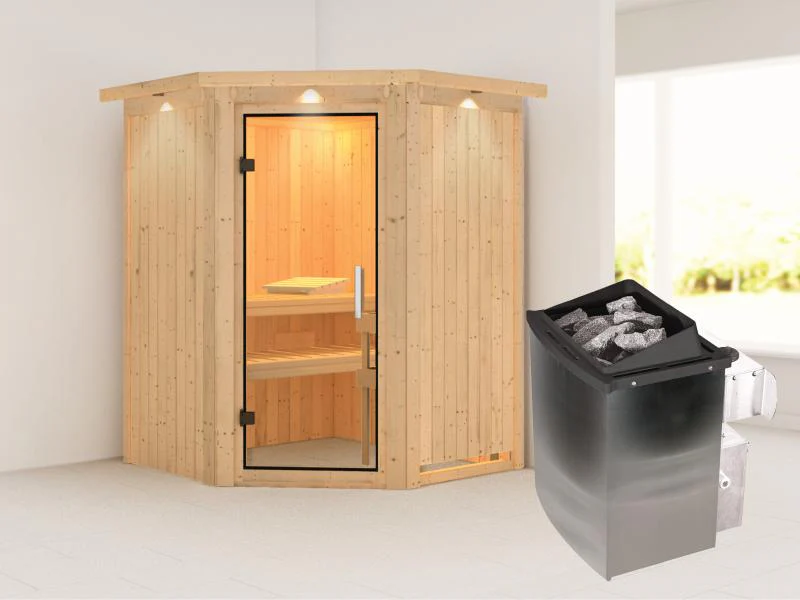 Karibu Sauna Larin inkl. 9kW Ofen integrierte Steuerung, mit Klarglas-Ganzglastür -mit Dachkranz- - Image 2