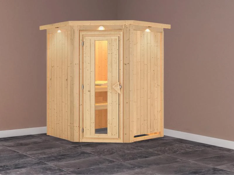 Karibu Sauna Larin ohne Ofen, mit Dachkranz, mit energiesparender Saunatür - Image 2