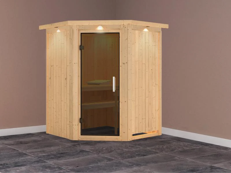 Karibu Sauna Larin ohne Ofen, mit Dachkranz, mit moderner Saunatür - Image 2