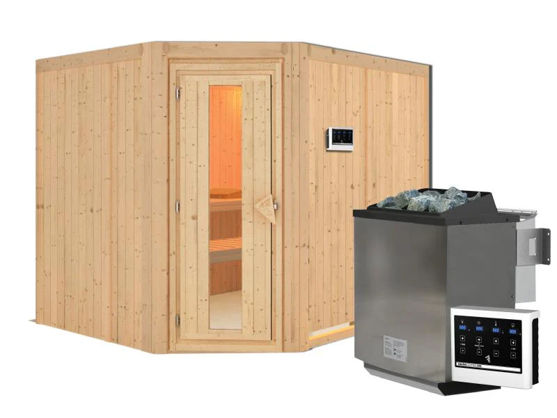 Karibu Sauna Malin inkl. 9-kW-Bioofen mit externer Steuerung, ohne Dachkranz, mit energiesparender S - Image 2