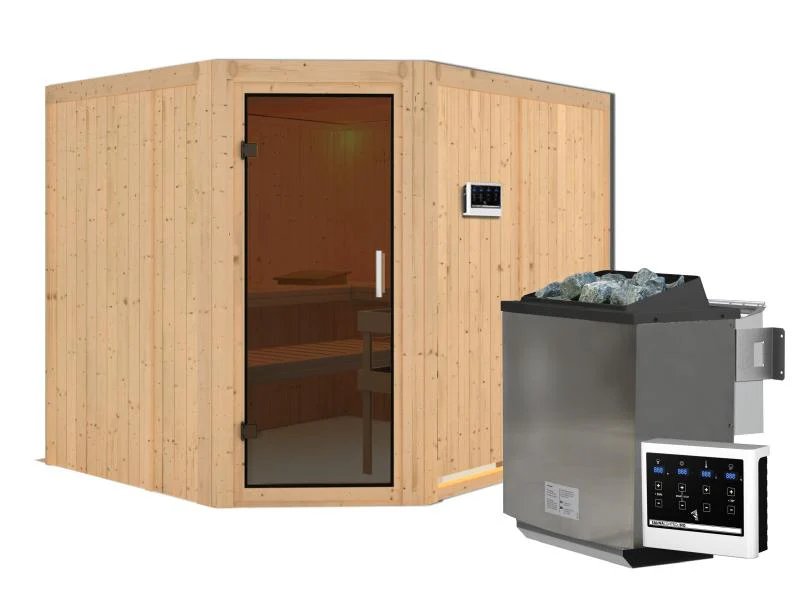 Karibu Sauna Malin inkl. 9-kW-Bioofen mit externer Steuerung, ohne Dachkranz, mit moderner Saunatür - Image 2