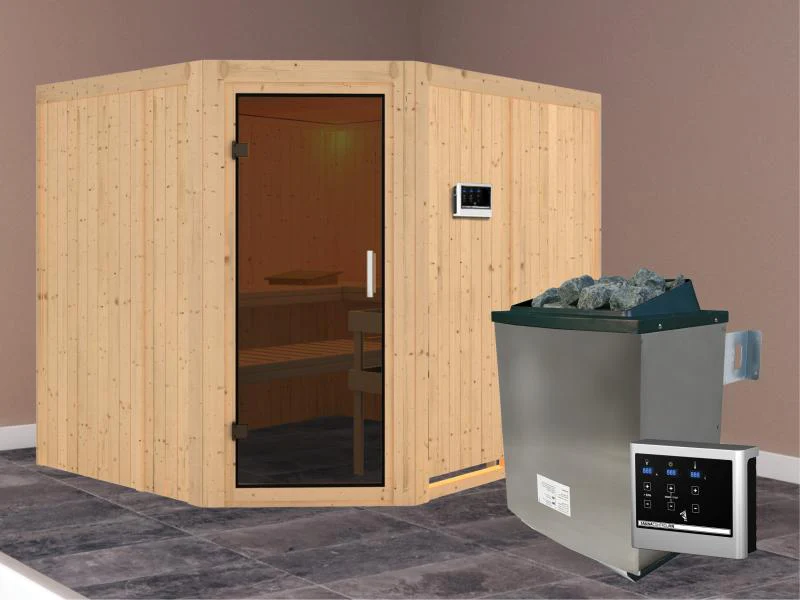 Karibu Sauna Malin inkl. 9-kW-Ofen mit externer Steuerung, ohne Dachkranz, mit moderner Saunatür - Image 2