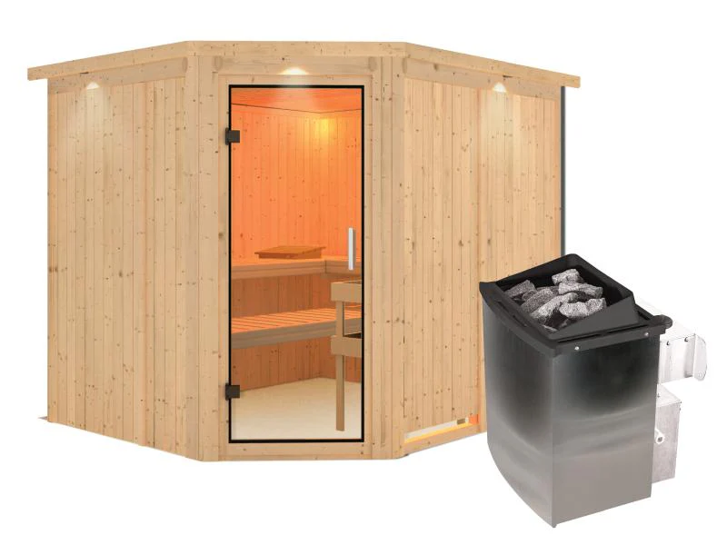 Karibu Sauna Malin inkl. 9 kW Ofen mit int. Steuerung, mit Dachkranz, mit Klarglas Ganzglastür - Image 2