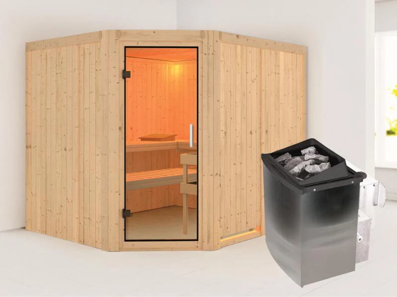 Karibu Sauna Malin inkl. 9 kW Ofen mit int. Steuerung, ohne Dachkranz, mit Klarglas Ganzglastür