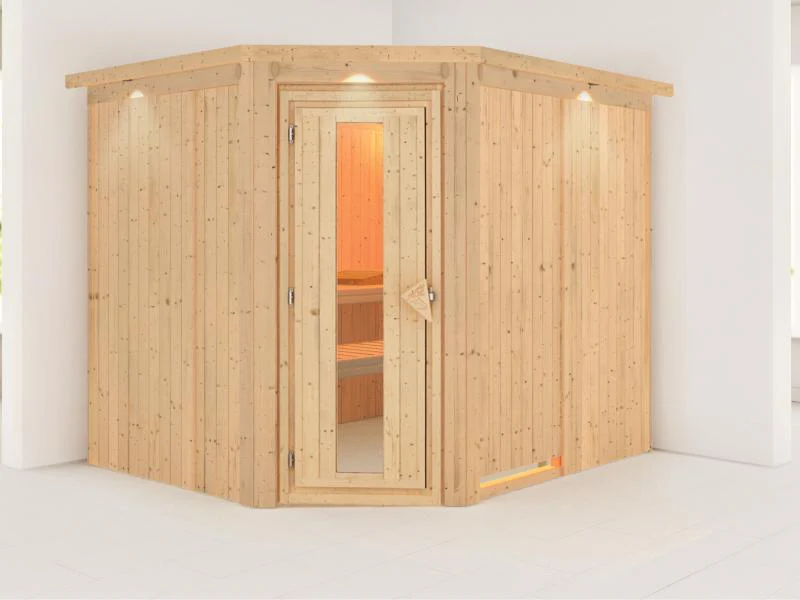 Karibu Sauna Malin ohne Ofen, mit Dachkranz, mit energiesparender Saunatür