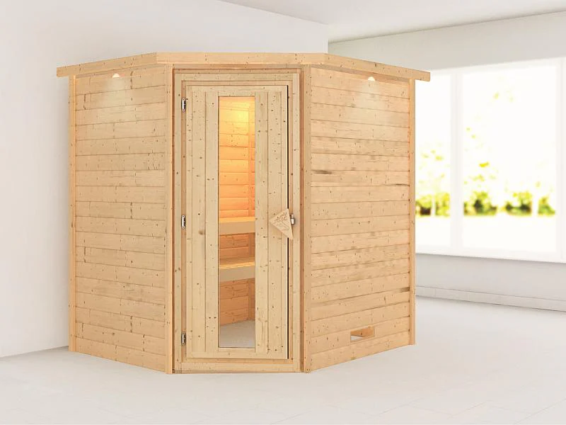 Karibu Sauna Mia 38 mm mit Dachkranz- ohne Ofen- energiesparende Saunatür