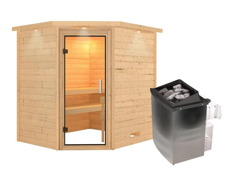 Karibu Sauna Mia inkl. 9 kW Bioofen ext. Steuerung, mit Klarglas Ganzglassaunatür -ohne Dachkranz- - Image 2