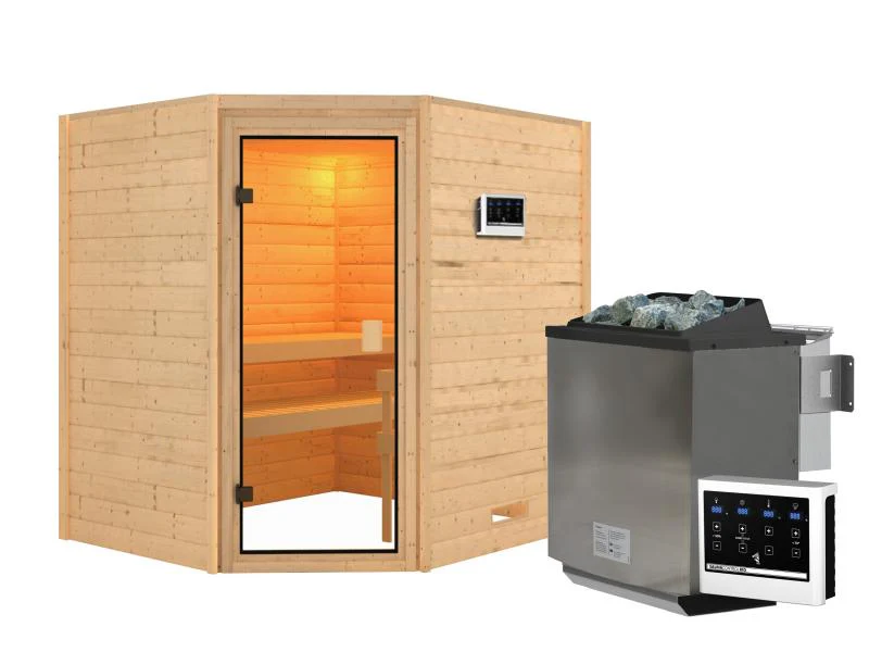 Karibu Sauna Mia inkl. 9 kW Bioofen ext. Steuerung, mit klassischer Saunatür -ohne Dachkranz- - Image 2