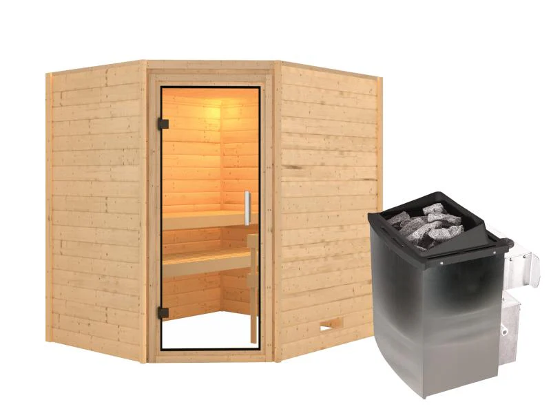 Karibu Sauna Mia inkl. 9 kW Bioofen ext. Steuerung, mit moderner Tür -mit Dachkranz- - Image 2