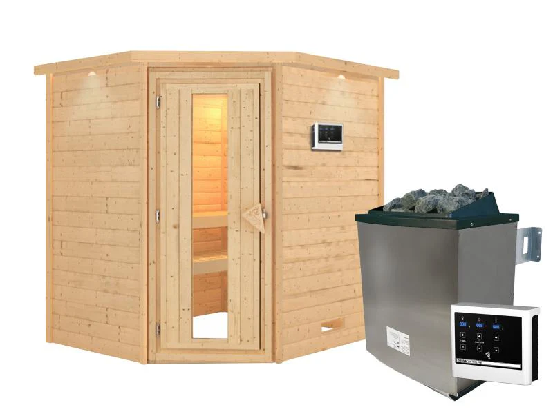 Karibu Sauna Mia inkl. 9 kW Ofen ext. Steuerung, mit energiesparender Saunatür -mit Dachkranz- - Image 2