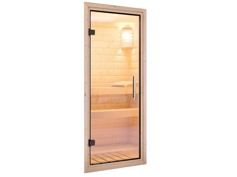 Karibu Sauna Mia inkl. 9 kW Ofen ext. Steuerung, mit Klarglas Ganzglassaunatür -mit Dachkranz- - Image 8