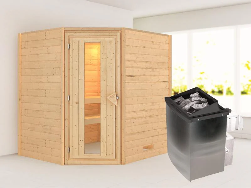 Karibu Sauna Mia inkl. 9 kW Ofen integr. Steuerung, mit energiesparender Saunatür -ohne Dachkranz-
