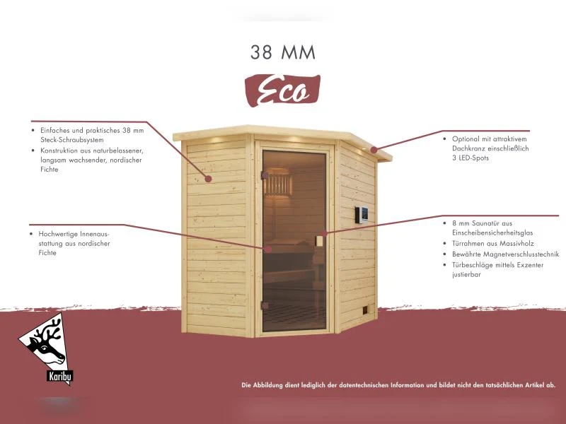 Karibu Sauna Mia inkl. 9 kW Ofen integr. Steuerung, mit Klarglassaunatür -mit Dachkranz- - Image 9