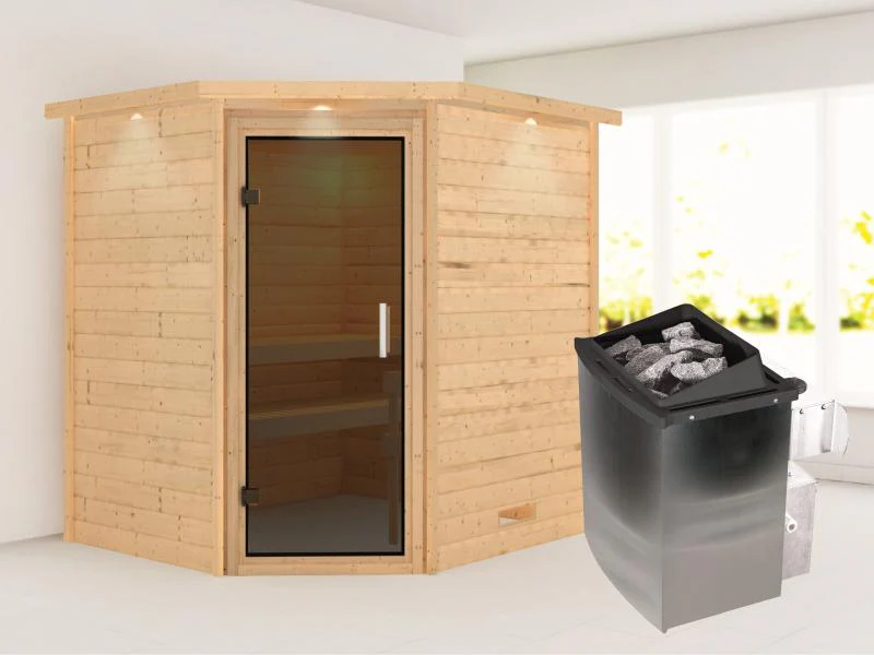 Karibu Sauna Mia inkl. 9 kW Ofen integr. Steuerung, mit moderner Saunatür -mit Dachkranz-