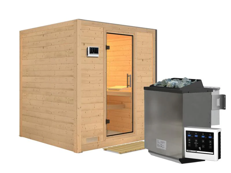 Karibu Sauna Mojave inkl. 9 kW Bio Ofen mit ext. Steuerung, ohne Dachkranz, mit Klarglas Ganzglastür - Image 2