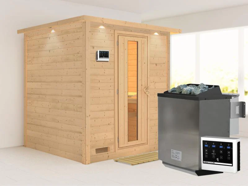 Karibu Sauna Mojave inkl. 9-kW-Bioofen mit externer Steuerung, mit Dachkranz, mit energiesparender S