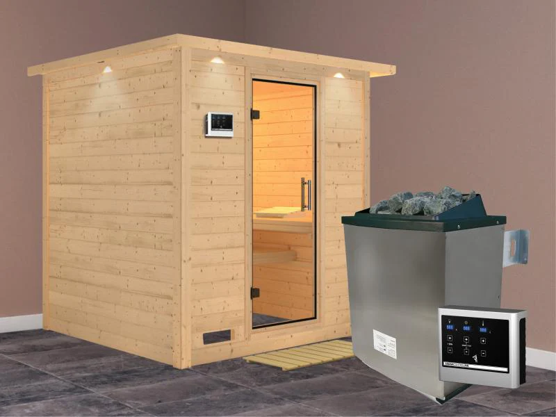 Karibu Sauna Mojave inkl. 9 kW Ofen mit ext. Steuerung, mit Dachkranz, mit Klarglas Ganzglastür - Image 2