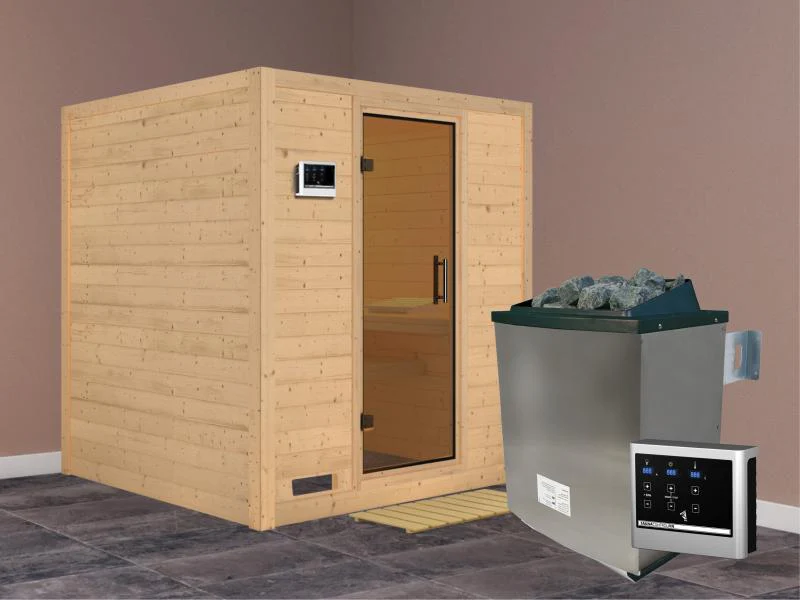 Karibu Sauna Mojave inkl. 9-kW-Ofen mit externer Steuerung, ohne Dachkranz, mit moderner Saunatür - Image 2