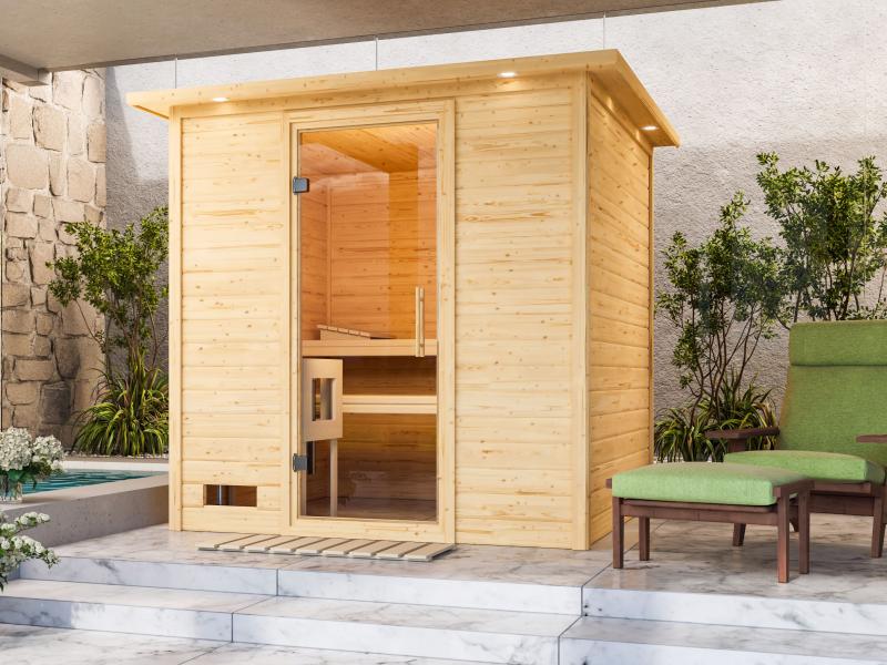 Karibu Sauna Mojave inkl. 9 kW Ofen mit int. Steuerung, mit Dachkranz, mit Klarglas Ganzglastür - Image 4