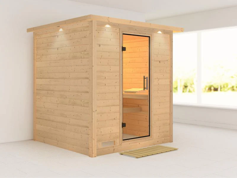 Karibu Sauna Mojave ohne Ofen, mit Dachkranz, mit Klarglas Ganzglastür