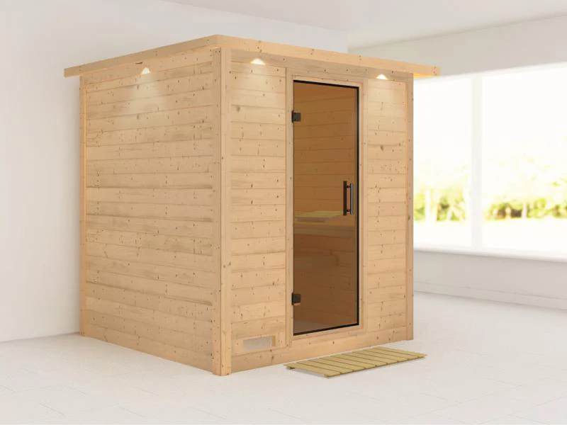 Karibu Sauna Mojave ohne Ofen, mit Dachkranz, mit moderner Saunatür - Image 4